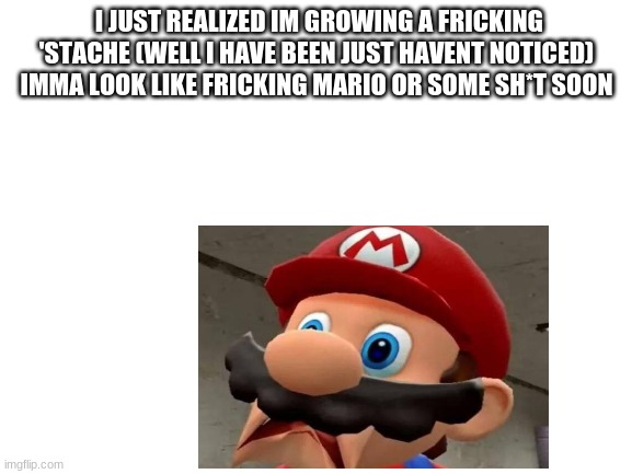 i dont even like it tho it looks stupid i guess ill use my razor i have never touched | I JUST REALIZED IM GROWING A FRICKING 'STACHE (WELL I HAVE BEEN JUST HAVENT NOTICED) IMMA LOOK LIKE FRICKING MARIO OR SOME SH*T SOON | made w/ Imgflip meme maker