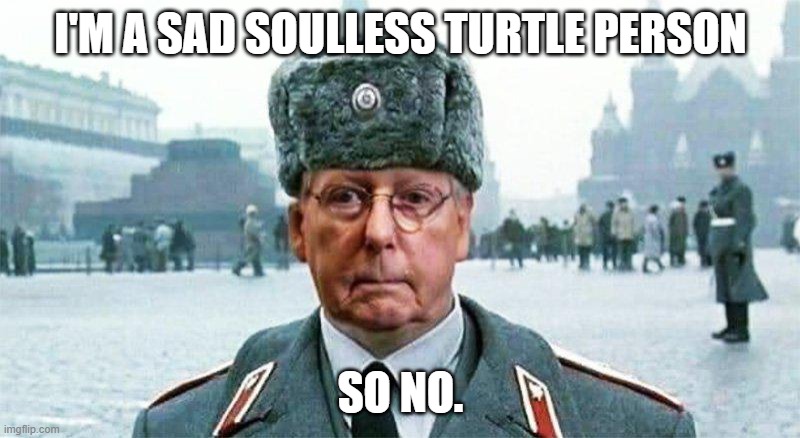 Moscow Mitch | I'M A SAD SOULLESS TURTLE PERSON SO NO. | image tagged in moscow mitch | made w/ Imgflip meme maker