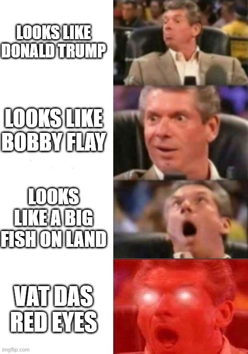 Looks like Trump and Flay | LOOKS LIKE DONALD TRUMP; LOOKS LIKE BOBBY FLAY; LOOKS LIKE A BIG FISH ON LAND; VAT DAS RED EYES | image tagged in mr mcmahon reaction,bobby,donald trump,fish,red eyes | made w/ Imgflip meme maker