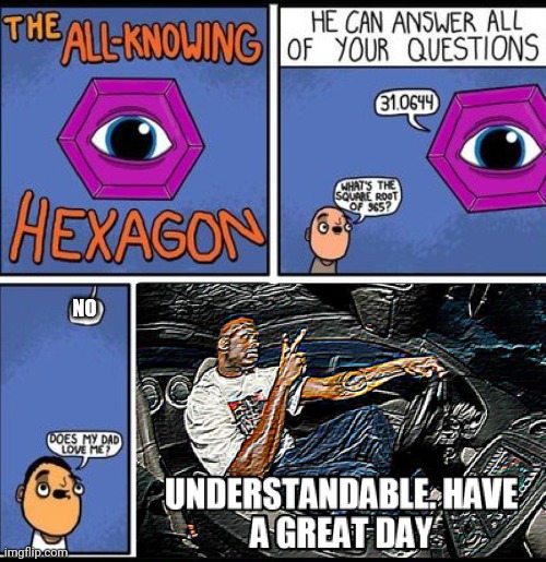 Well it IS true... *tiny depressed noises* | NO | image tagged in all knowing hexagon,understandable have a great day | made w/ Imgflip meme maker