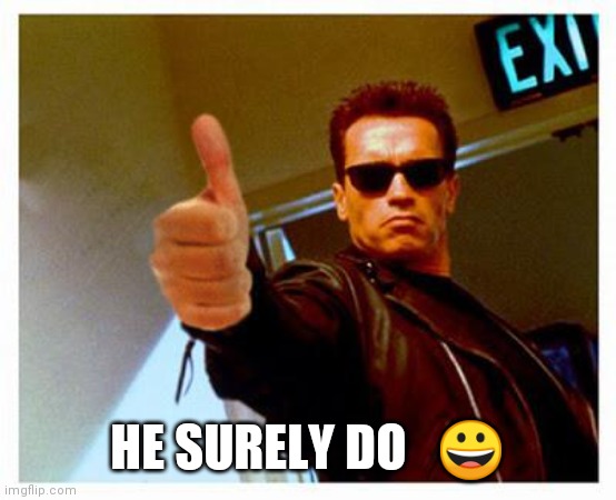 terminator thumbs up | HE SURELY DO   ? | image tagged in terminator thumbs up | made w/ Imgflip meme maker