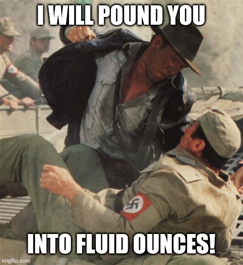 Indiana Jones Punching Nazis | I WILL POUND YOU INTO FLUID OUNCES! | image tagged in indiana jones punching nazis | made w/ Imgflip meme maker