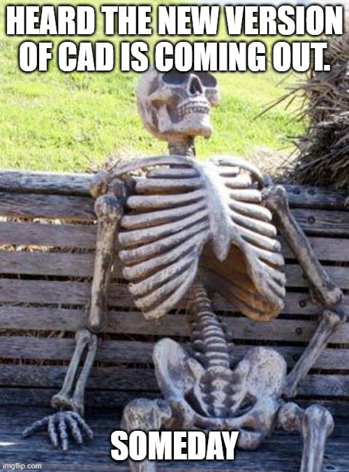 Waiting on new Cad releases | HEARD THE NEW VERSION OF CAD IS COMING OUT. SOMEDAY | image tagged in memes,waiting skeleton | made w/ Imgflip meme maker
