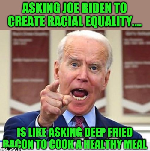 Not my president, not your savior, NOT the answer.... | ASKING JOE BIDEN TO CREATE RACIAL EQUALITY.... IS LIKE ASKING DEEP FRIED BACON TO COOK A HEALTHY MEAL | image tagged in joe biden no malarkey,creepy joe biden | made w/ Imgflip meme maker