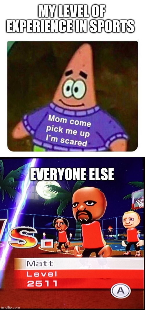MY LEVEL OF EXPERIENCE IN SPORTS; EVERYONE ELSE | image tagged in matt mii,patrick mom come pick me up i'm scared | made w/ Imgflip meme maker