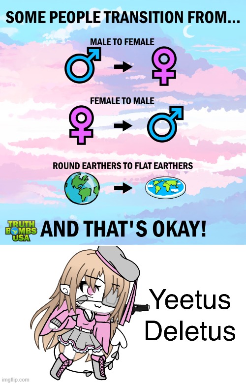 2 of these are okay but 1 of them looks like hijacking trans acceptance to promote nonsense | image tagged in yeetus deletus,flat earthers,flat earth,transgender,trans,conspiracy theory | made w/ Imgflip meme maker