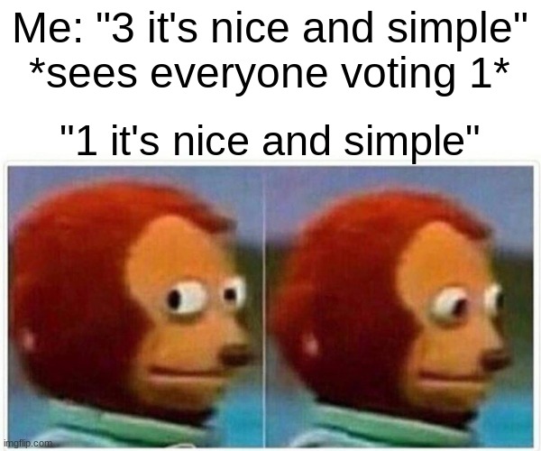 Monkey Puppet Meme | Me: "3 it's nice and simple"
*sees everyone voting 1* "1 it's nice and simple" | image tagged in memes,monkey puppet | made w/ Imgflip meme maker
