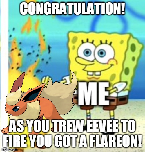 CONGRATULATION! AS YOU TREW EEVEE TO FIRE YOU GOT A FLAREON! | made w/ Imgflip meme maker