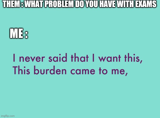 I never said that I want this This burden came to me | THEM : WHAT PROBLEM DO YOU HAVE WITH EXAMS; ME : | image tagged in memes | made w/ Imgflip meme maker