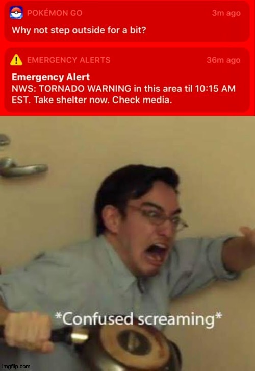 Should I step outside? (Repost of one of my old memes) | image tagged in memes,confused screaming,pokemon go,funny,warning,notifications | made w/ Imgflip meme maker