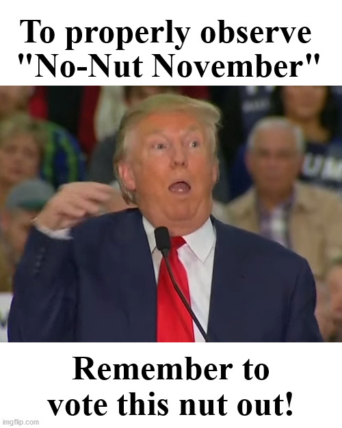 And he can take his assorted nuts with him! | To properly observe; "No-Nut November"; Remember to vote this nut out! | image tagged in donald trump,no nut november,vote him out | made w/ Imgflip meme maker