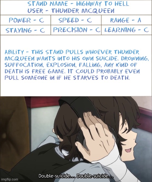 Dazai's dream stand | image tagged in jojo's bizarre adventure,bungo stray dogs,highway to hell,double suicide | made w/ Imgflip meme maker