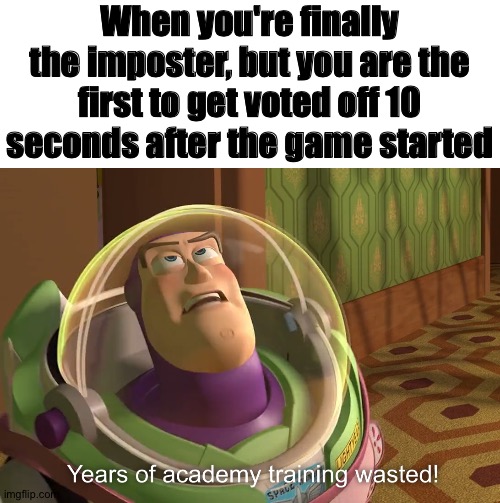 An Among Us meme | When you're finally the imposter, but you are the first to get voted off 10 seconds after the game started | image tagged in years of academy training wasted,among us | made w/ Imgflip meme maker