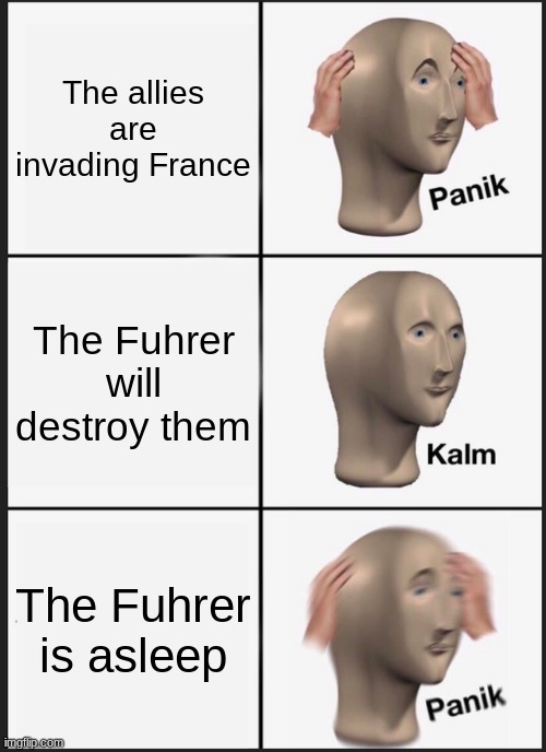 Military WW2 D-day meme | The allies are invading France; The Fuhrer will destroy them; The Fuhrer is asleep | image tagged in memes,panik kalm panik | made w/ Imgflip meme maker