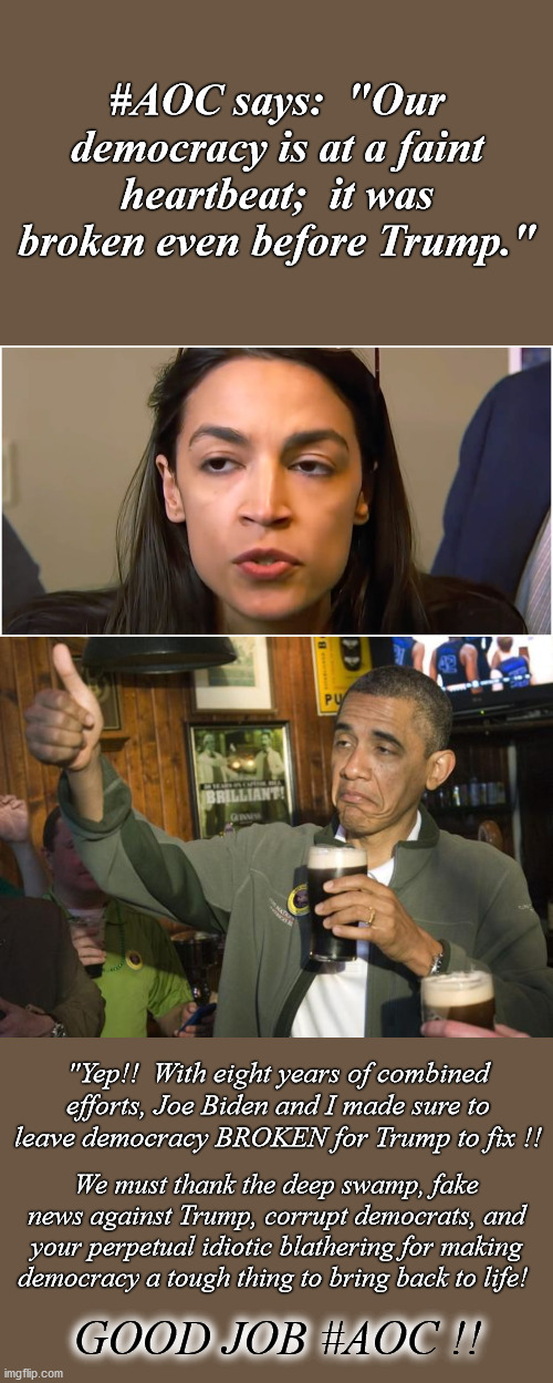 #AOC says Obama and Biden left democracy BROKEN | #AOC says:  "Our democracy is at a faint heartbeat;  it was broken even before Trump."; "Yep!!  With eight years of combined efforts, Joe Biden and I made sure to leave democracy BROKEN for Trump to fix !! We must thank the deep swamp, fake news against Trump, corrupt democrats, and your perpetual idiotic blathering for making democracy a tough thing to bring back to life! GOOD JOB #AOC !! | image tagged in not bad,aoc stoned face,barack obama,democracy,president trump,ConservativeMemes | made w/ Imgflip meme maker