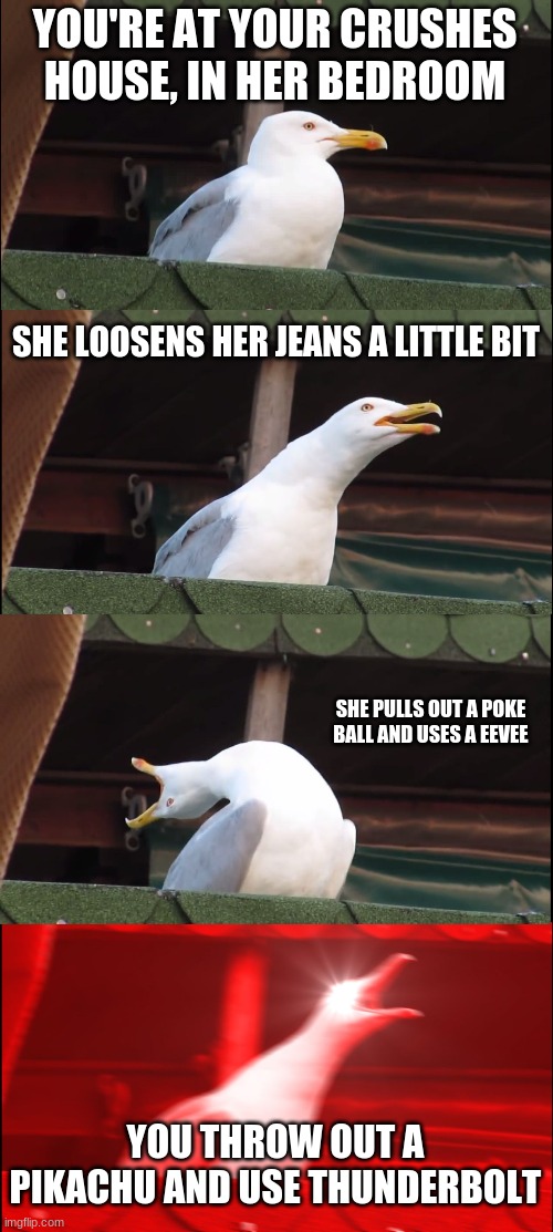 Inhaling Seagull | YOU'RE AT YOUR CRUSHES HOUSE, IN HER BEDROOM; SHE LOOSENS HER JEANS A LITTLE BIT; SHE PULLS OUT A POKE BALL AND USES A EEVEE; YOU THROW OUT A PIKACHU AND USE THUNDERBOLT | image tagged in memes,inhaling seagull | made w/ Imgflip meme maker