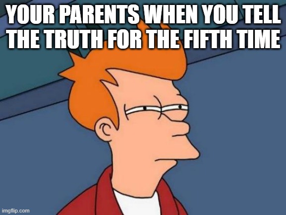 Futurama Fry Meme | YOUR PARENTS WHEN YOU TELL THE TRUTH FOR THE FIFTH TIME | image tagged in memes,futurama fry | made w/ Imgflip meme maker