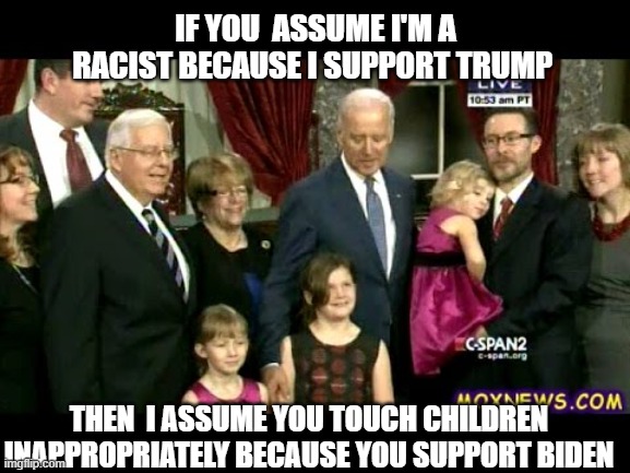 Biden touches | IF YOU  ASSUME I'M A RACIST BECAUSE I SUPPORT TRUMP; THEN  I ASSUME YOU TOUCH CHILDREN INAPPROPRIATELY BECAUSE YOU SUPPORT BIDEN | image tagged in pedo,biden | made w/ Imgflip meme maker