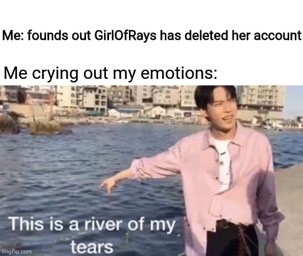 GirlOfRays has deleted her account. I'm really crying a big river of tears right now. |  Me: founds out GirlOfRays has deleted her account; Me crying out my emotions: | image tagged in this is a river of my tears,memes,meme,crying,imgflip users,imgflip user | made w/ Imgflip meme maker
