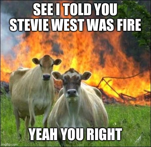 Evil Cows Meme | SEE I TOLD YOU STEVIE WEST WAS FIRE; YEAH YOU RIGHT | image tagged in memes,evil cows | made w/ Imgflip meme maker