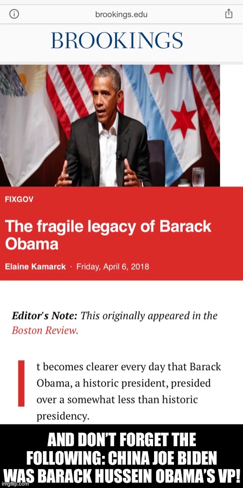 The Brookings Institution (centrist/liberal research group) exposes the Presidency of Barack Hussein Obama! Game over, BHO! | AND DON’T FORGET THE FOLLOWING: CHINA JOE BIDEN WAS BARACK HUSSEIN OBAMA’S VP! | image tagged in barack obama,obama,joe biden,biden,democrat party,democratic socialism | made w/ Imgflip meme maker