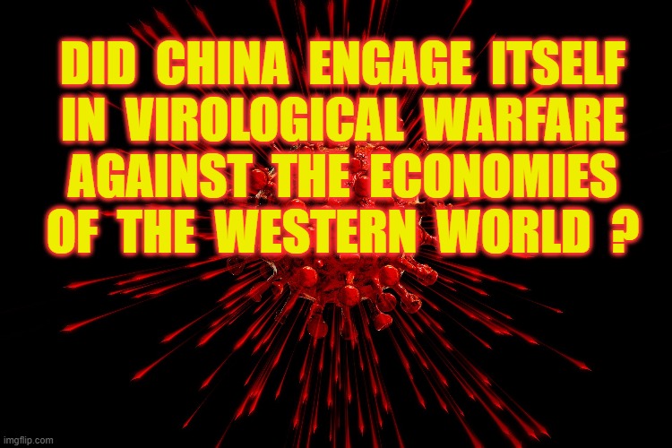 Virological Warfare 2020 | DID  CHINA  ENGAGE  ITSELF
IN  VIROLOGICAL  WARFARE
AGAINST  THE  ECONOMIES
OF  THE  WESTERN  WORLD  ? | image tagged in china virus | made w/ Imgflip meme maker