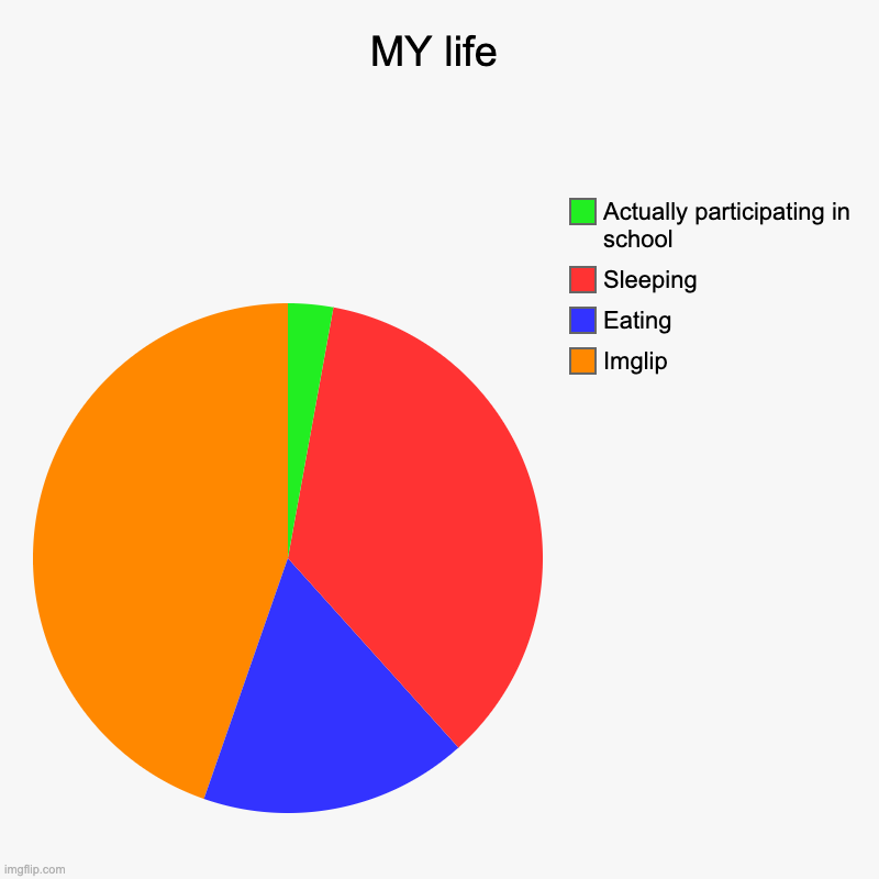 MY life | Imglip, Eating, Sleeping, Actually participating in school | image tagged in charts,pie charts | made w/ Imgflip chart maker