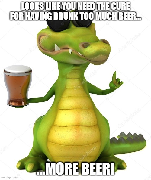 More Beer! | LOOKS LIKE YOU NEED THE CURE FOR HAVING DRUNK TOO MUCH BEER... ...MORE BEER! | image tagged in discworld,crocodile,rincewind,beer,last contient | made w/ Imgflip meme maker