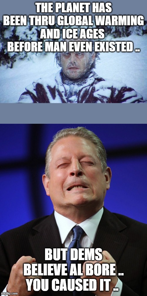 DEMs | THE PLANET HAS BEEN THRU GLOBAL WARMING AND ICE AGES  BEFORE MAN EVEN EXISTED .. BUT DEMS BELIEVE AL BORE .. YOU CAUSED IT .. | image tagged in al gore | made w/ Imgflip meme maker