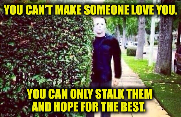 You can try |  YOU CAN’T MAKE SOMEONE LOVE YOU. YOU CAN ONLY STALK THEM
AND HOPE FOR THE BEST. | image tagged in stalker,love,michael myers,halloween,bushes,hope | made w/ Imgflip meme maker