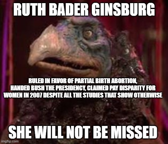 Ruth Bader Ginsberg | RUTH BADER GINSBURG; RULED IN FAVOR OF PARTIAL BIRTH ABORTION, HANDED BUSH THE PRESIDENCY, CLAIMED PAY DISPARITY FOR WOMEN IN 2007 DESPITE ALL THE STUDIES THAT SHOW OTHERWISE; SHE WILL NOT BE MISSED | image tagged in skeksis,ruth bader ginsburg | made w/ Imgflip meme maker