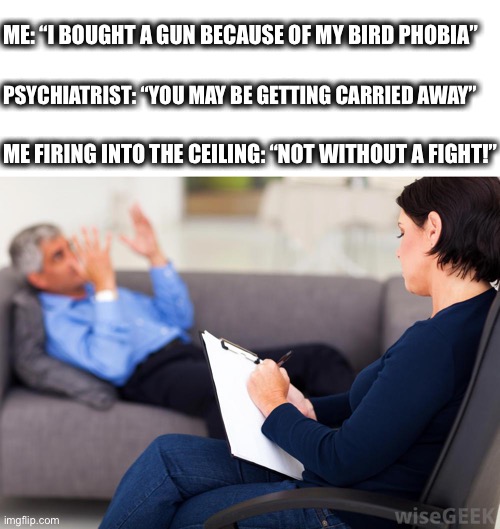 It was coming right for me | ME: “I BOUGHT A GUN BECAUSE OF MY BIRD PHOBIA”; PSYCHIATRIST: “YOU MAY BE GETTING CARRIED AWAY”; ME FIRING INTO THE CEILING: “NOT WITHOUT A FIGHT!” | image tagged in psychiatrist,therapy,fear,birds,gun,memes | made w/ Imgflip meme maker