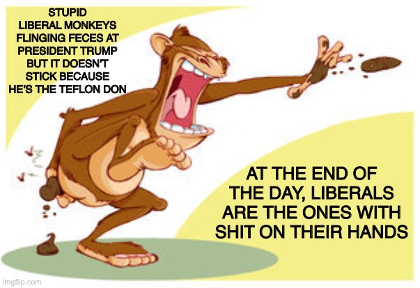 Stupid Monkey | STUPID LIBERAL MONKEYS FLINGING FECES AT PRESIDENT TRUMP BUT IT DOESN’T STICK BECAUSE HE’S THE TEFLON DON; AT THE END OF THE DAY, LIBERALS ARE THE ONES WITH SHIT ON THEIR HANDS | image tagged in stupid liberals,stupid,monkey,politics | made w/ Imgflip meme maker