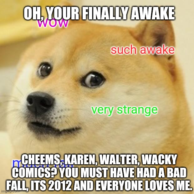 pov: your another dog and just fell | OH, YOUR FINALLY AWAKE; wow; such awake; very strange; CHEEMS, KAREN, WALTER, WACKY COMICS? YOU MUST HAVE HAD A BAD FALL, ITS 2012 AND EVERYONE LOVES ME. much fall | image tagged in memes,doge,plot twist,dogelore | made w/ Imgflip meme maker
