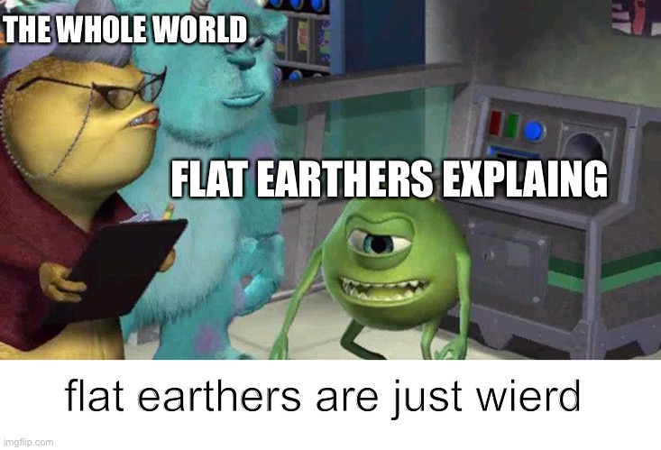 flat earthers are wieeeerdbtw i FLIPPED the image | THE WHOLE WORLD; FLAT EARTHERS EXPLAING; flat earthers are just wierd | image tagged in flipped | made w/ Imgflip meme maker