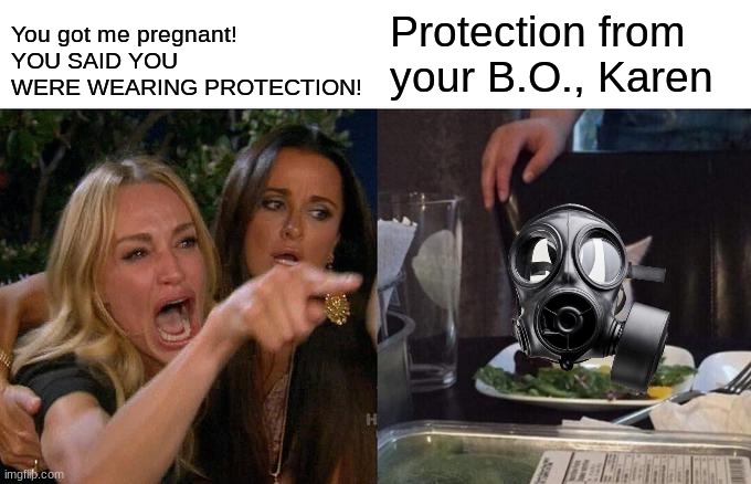 Woman Yelling At Cat Meme | You got me pregnant! YOU SAID YOU WERE WEARING PROTECTION! Protection from your B.O., Karen | image tagged in memes,woman yelling at cat | made w/ Imgflip meme maker