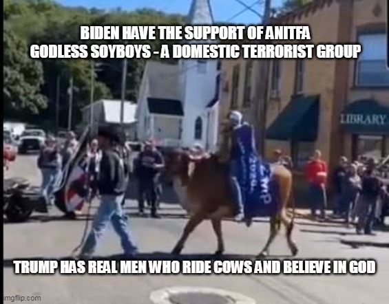 REAL men ride cows | BIDEN HAVE THE SUPPORT OF ANITFA GODLESS SOYBOYS - A DOMESTIC TERRORIST GROUP; TRUMP HAS REAL MEN WHO RIDE COWS AND BELIEVE IN GOD | image tagged in trump cow | made w/ Imgflip meme maker
