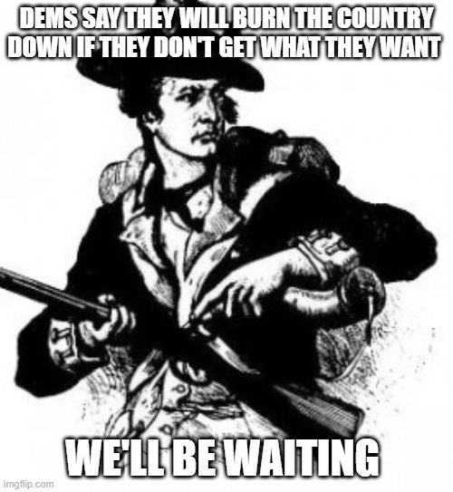 minuteman | DEMS SAY THEY WILL BURN THE COUNTRY DOWN IF THEY DON'T GET WHAT THEY WANT; WE'LL BE WAITING | image tagged in minuteman | made w/ Imgflip meme maker