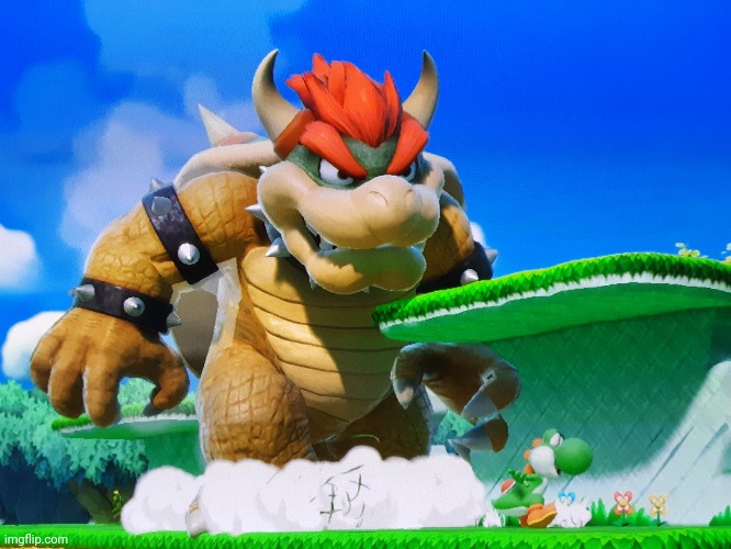 Bowser chasing yoshi | image tagged in bowser chasing yoshi,new template | made w/ Imgflip meme maker