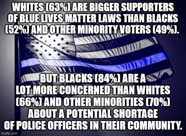 Most people don't want to defund the police | WHITES (63%) ARE BIGGER SUPPORTERS OF BLUE LIVES MATTER LAWS THAN BLACKS (52%) AND OTHER MINORITY VOTERS (49%). BUT BLACKS (84%) ARE A LOT MORE CONCERNED THAN WHITES (66%) AND OTHER MINORITIES (70%) ABOUT A POTENTIAL SHORTAGE OF POLICE OFFICERS IN THEIR COMMUNITY. | image tagged in blue lives matter | made w/ Imgflip meme maker