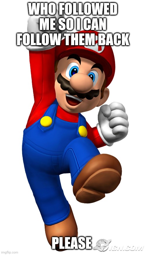 Super Mario | WHO FOLLOWED ME SO I CAN FOLLOW THEM BACK; PLEASE | image tagged in super mario,memes | made w/ Imgflip meme maker