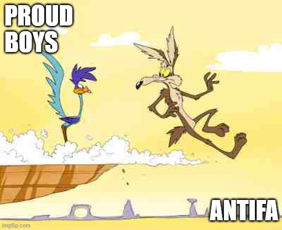 Antifa vs Proud Boys | PROUD
BOYS; ANTIFA | image tagged in wile e coyote roadrunner | made w/ Imgflip meme maker