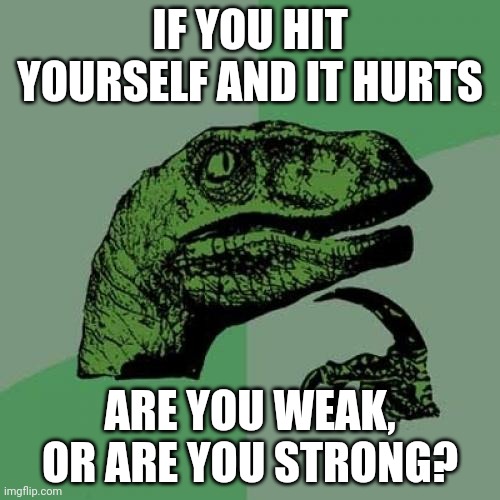 Philosoraptor | IF YOU HIT YOURSELF AND IT HURTS; ARE YOU WEAK, OR ARE YOU STRONG? | image tagged in memes,philosoraptor | made w/ Imgflip meme maker