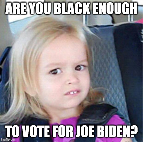 You ain't black | ARE YOU BLACK ENOUGH; TO VOTE FOR JOE BIDEN? | image tagged in confused little girl,trump 2020,election 2020 | made w/ Imgflip meme maker