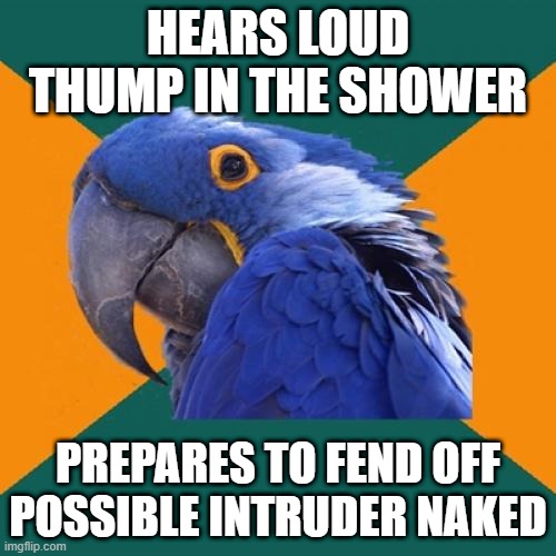 Paranoid Parrot Meme | HEARS LOUD THUMP IN THE SHOWER; PREPARES TO FEND OFF POSSIBLE INTRUDER NAKED | image tagged in memes,paranoid parrot | made w/ Imgflip meme maker