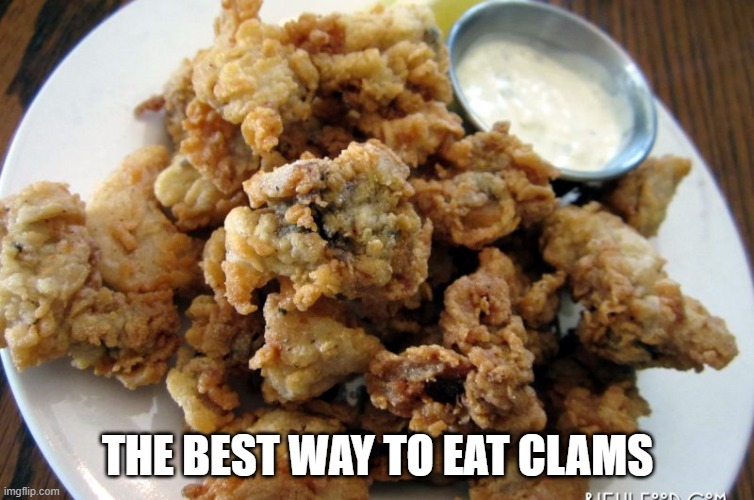 Fry Em | THE BEST WAY TO EAT CLAMS | image tagged in clams | made w/ Imgflip meme maker