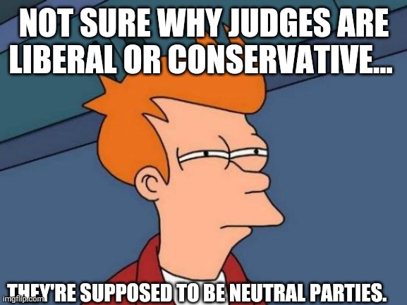 Futurama Fry Meme | NOT SURE WHY JUDGES ARE LIBERAL OR CONSERVATIVE... THEY'RE SUPPOSED TO BE NEUTRAL PARTIES. | image tagged in memes,futurama fry | made w/ Imgflip meme maker