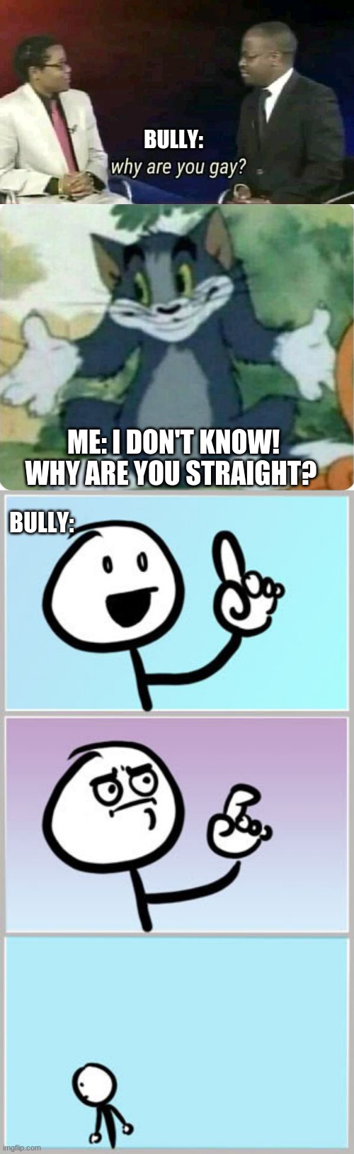 Why are you straight? | BULLY:; ME: I DON'T KNOW! WHY ARE YOU STRAIGHT? BULLY: | image tagged in well nevermind,why are you gay,tom shrugging,memes,lgbtq,pride | made w/ Imgflip meme maker