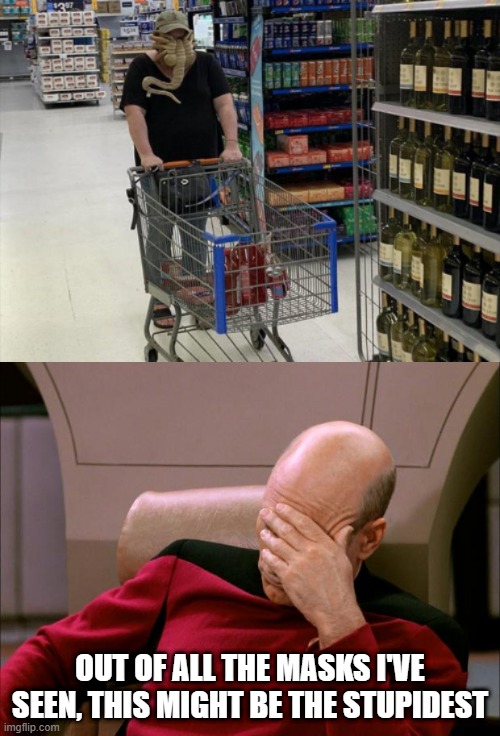 what is this kinda mask? | OUT OF ALL THE MASKS I'VE SEEN, THIS MIGHT BE THE STUPIDEST | image tagged in captain picard facepalm hd,memes,funny,masks,coronavirus,grocery store | made w/ Imgflip meme maker