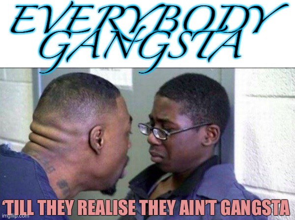 S’up Biatchs | EVERYBODY GANGSTA; ‘TILL THEY REALISE THEY AIN’T GANGSTA | image tagged in scared straight,gangsta,fake people,stupid kids,wannabe,crying | made w/ Imgflip meme maker